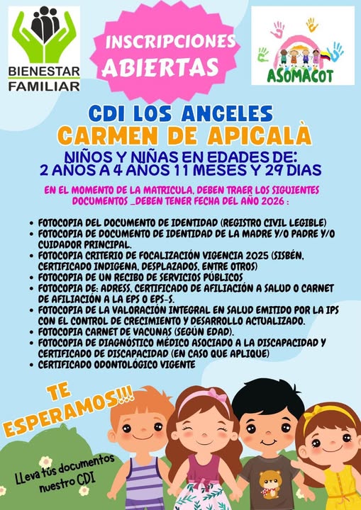 CDI CARMEN l CDI Los Ángeles en Carmen de Apicalá abre sus inscripciones para niños y niñas de 2 años a 4 años, 11 meses y 29 días